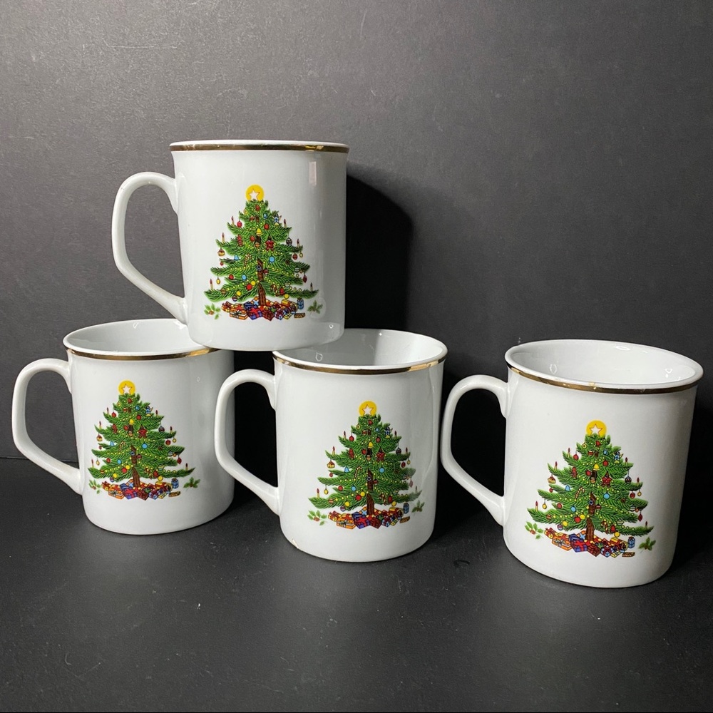 S.T. Ceramic Christmas Mugs Gold Trim & Tree
